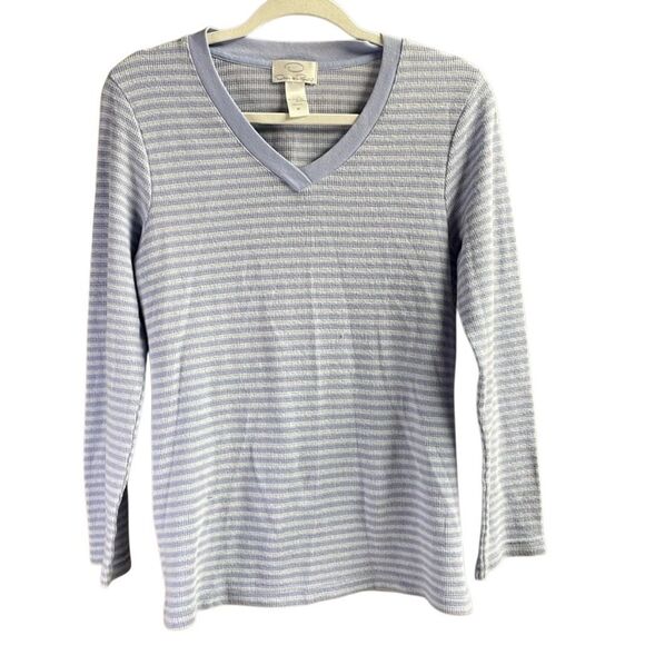 OSCAR DE LA RENTA Women’s Striped Pullover Thermal Knit Vneck Top Sz M Blue - Picture 1 of 5